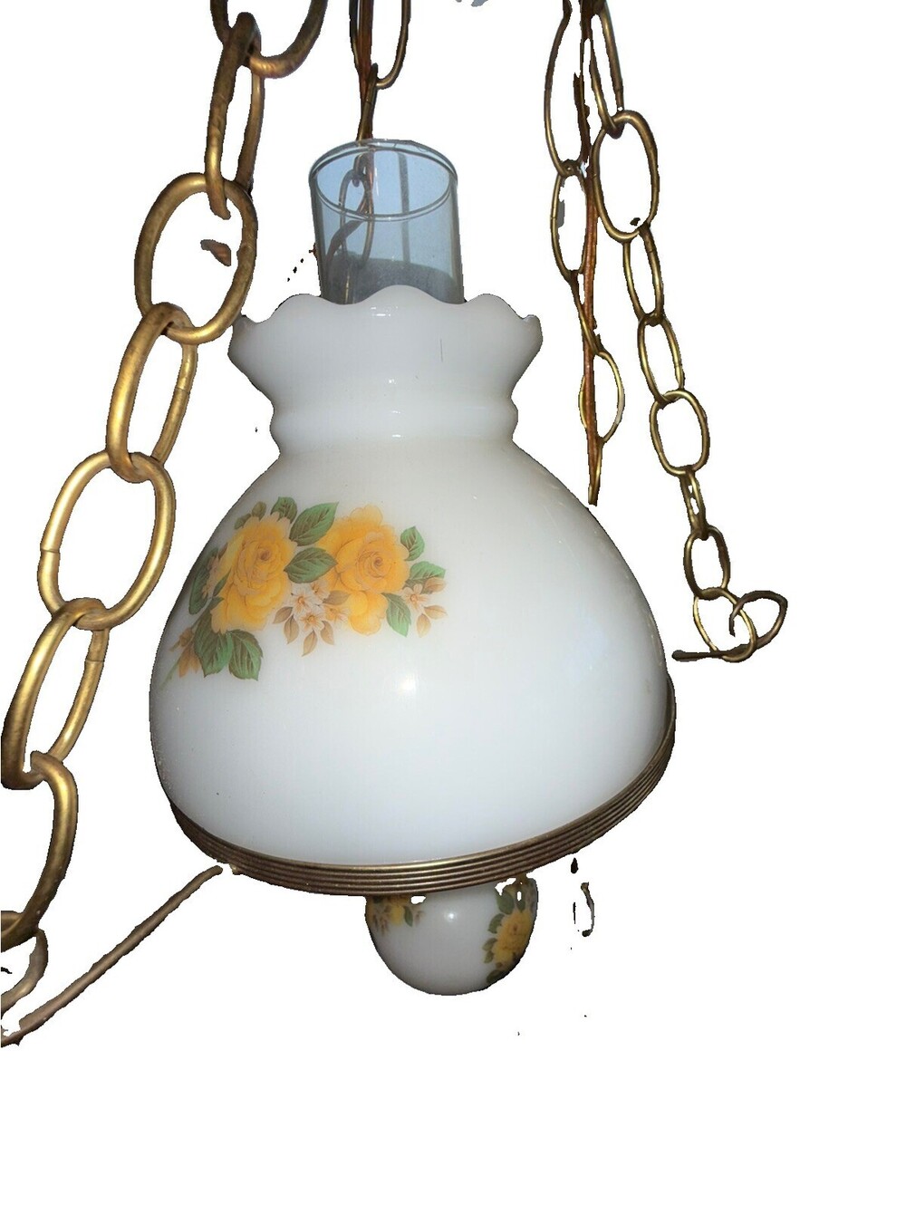 Vintage Hanging Hurricane Lamp, Flower Design Etched Glass With Two Light Parts